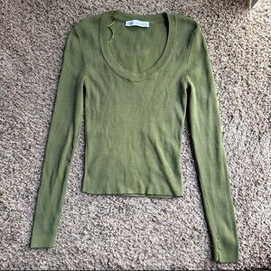Zara Sage Green Long Sleeve Ribbed Tee